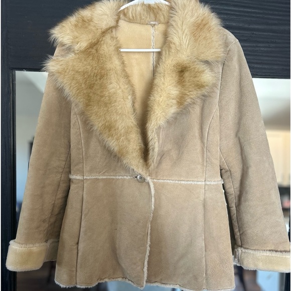 New York and Company Tan Brown Suede Fur Trim Jacket y2k vintage - Picture 1 of 8